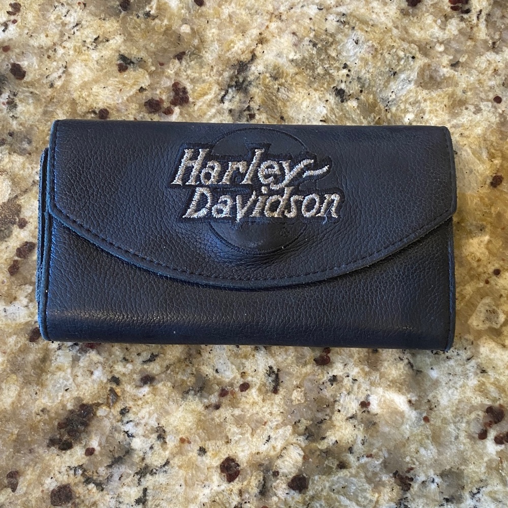Harley-Davidson Black Leather Tri-Fold Wallet with Silver Embroidered Logo